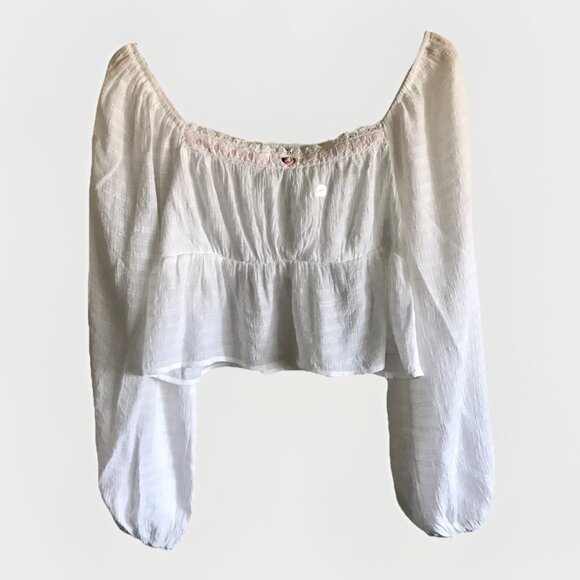 Beverly‎ and Beck Lily Long Puff Sleeve Smocked Babydoll Crop Top White Sz M - Picture 3 of 9